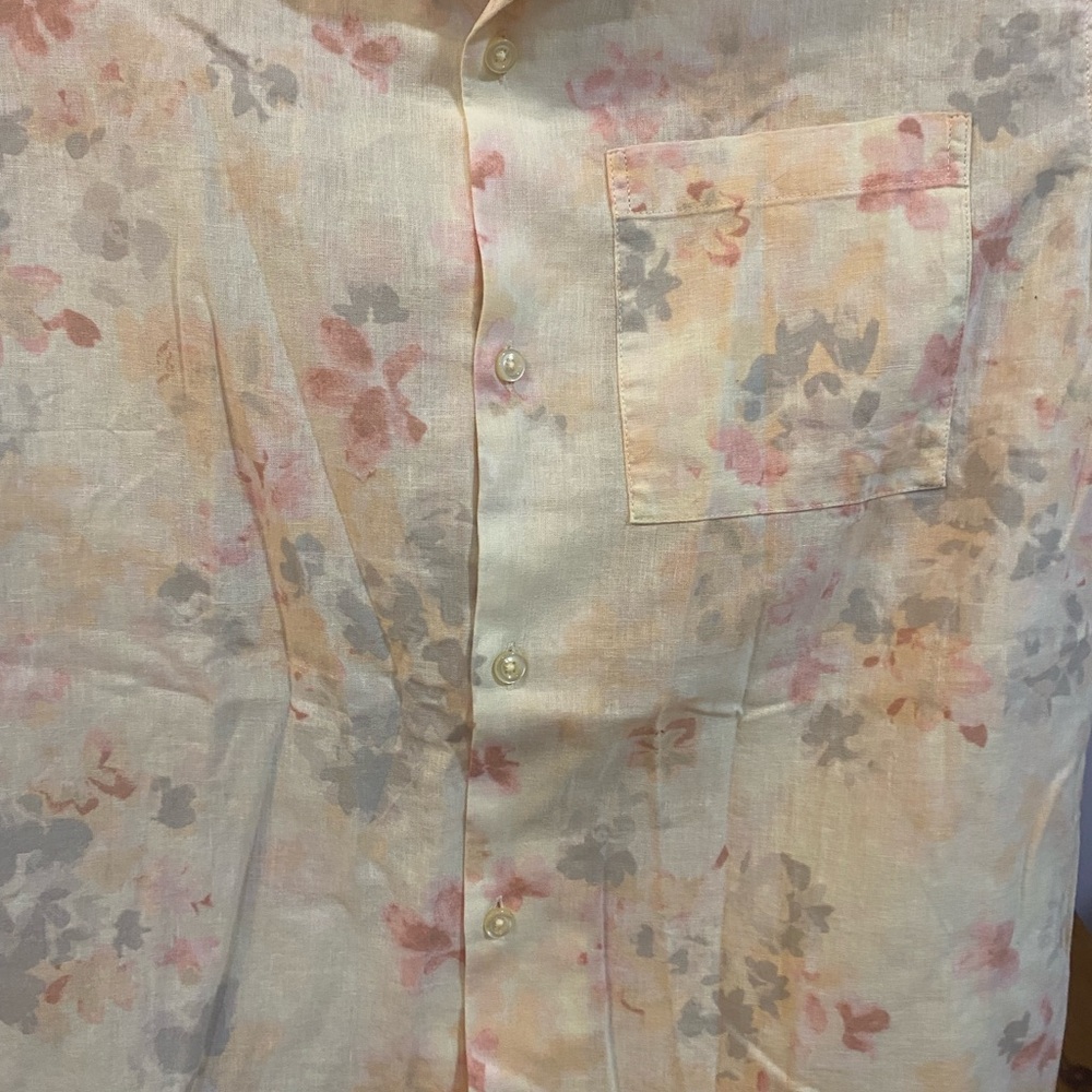 GAP Casual Button Down Shirt Cream and Pink Floral Camp Collar Linen - Picture 4 of 4